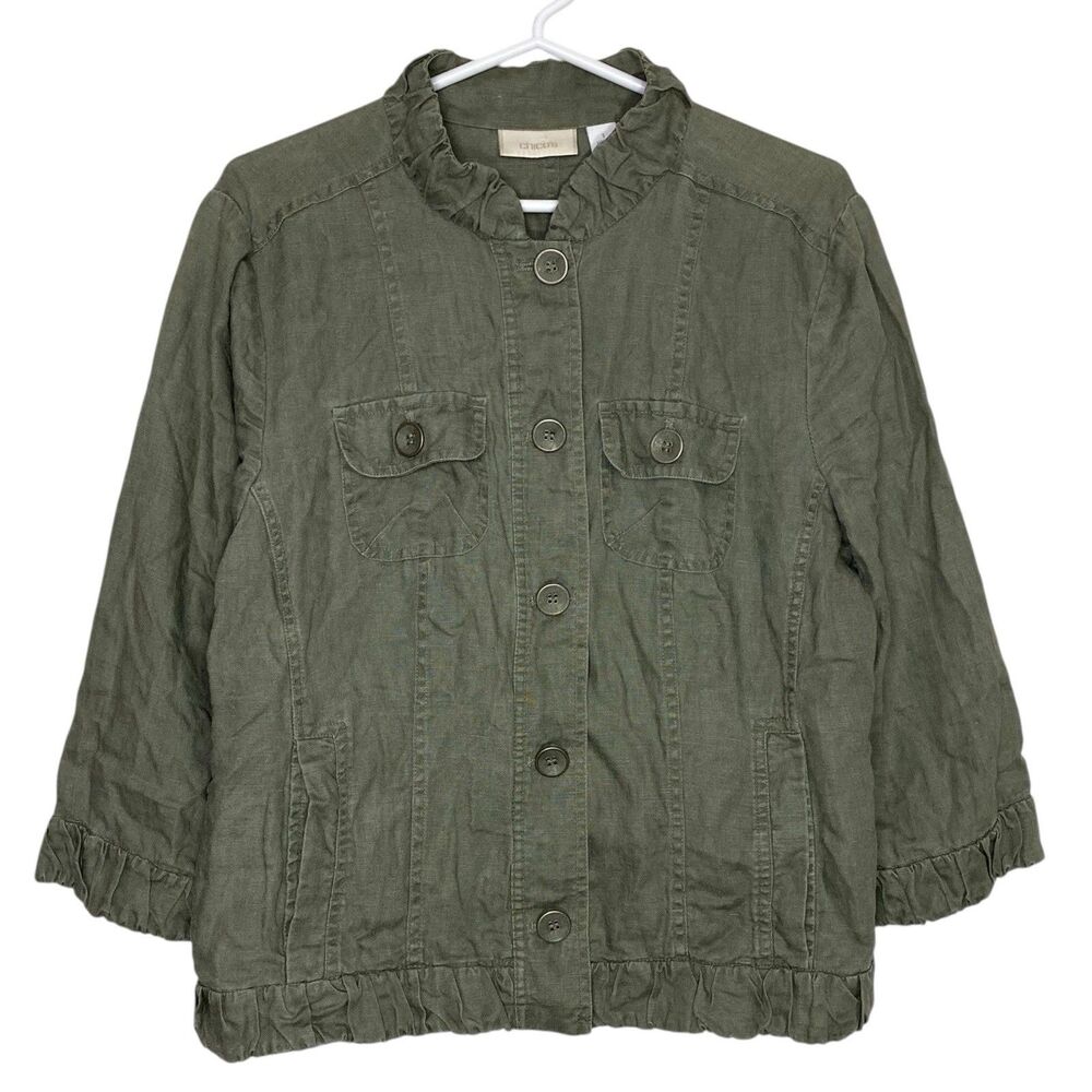 Chicos Linen Jacket Womens 1 Medium Olive Green 3/4 Sleeve Pockets Military Army